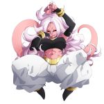  1girl android_21 baggy_pants black_nails black_sclera blazh breasts dragon_ball dragonball_z erect_nipples leeloo_dallas long_hair looking_at_viewer majin_android_21 monster_girl nail_polish navel pink_skin pointy_ears red_eyes tail tongue_out very_long_hair white_hair white_pants 