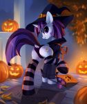  2017 bag clothed clothing condom costume cutie_mark detailed_background digital_media_(artwork) dock ear_piercing equine facial_piercing fan_character female feral furgonomics furry-specific_piercing hair halloween hat holidays hooves horn horse jack-o&#039;-lantern legwear lip_piercing looking_at_viewer looking_back magic_user mammal my_little_pony nose_piercing one_leg_up panties piercing pony purple_eyes purple_hair raised_leg raised_tail seductive smile socks solo striped_legwear striped_socks stripes tail_piercing tomatocoup two_tone_socks underwear unicorn witch witch_hat 