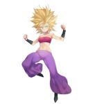  1girl bandeau bare_shoulders blazh blonde_hair breasts caulifla dragon_ball dragon_ball_super female highres leeloo_dallas midriff navel pants purple_pants saiyan simple_background smile solo spiked_hair spiky_hair stomach strapless super_saiyan white_background 