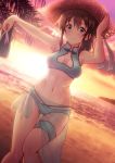  armpits arms_up ass_visible_through_thighs backlighting bangs beach bikini blue_eyes breasts brown_hair cleavage cloud commentary_request dutch_angle evening eyebrows_visible_through_hair gradient_sky hand_on_headwear hat horizon idolmaster idolmaster_million_live! keffiy lens_flare long_hair looking_at_viewer medium_breasts multi-strapped_bikini navel ocean outdoors outstretched_arm ponytail sand sarong satake_minako see-through shoes_removed shore sky smile solo standing straw_hat sun_hat sunlight sunset swimsuit thigh_gap thigh_strap twilight water 
