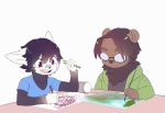  anthro band-aid bandage bear black_hair brown_fur brown_hair cat chest_tuft clothed clothing crayons drawing duo eyewear feline fur glasses hair jacket male mammal mercy_(suelix) open_mouth pink_eyes shirt simple_background smile suelix table tuft white_background white_fur young 