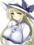  bangs blonde_hair blue_bow blush bow breasts buttons closed_mouth collared_shirt dress_shirt eyebrows_visible_through_hair hat hat_bow large_breasts long_hair looking_at_viewer shirt sidelocks signature simple_background smile solo tirotata touhou upper_body watatsuki_no_toyohime white_background white_hat white_shirt yellow_eyes 