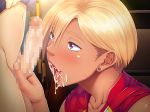  1girl after_fellatio blonde_hair blush bottomless censored cum cum_in_mouth earrings erection eyebrows eyebrows_visible_through_hair game_cg gym_storeroom highres indoors koda_diana legs lips looking_at_another mosaic_censoring navel oh_yes!_kasshoku_bitch_hitozuma_no_seiyoku_kaishou:_eroero_dekiru_mama-san_volley_kai oohara_kyuutarou open_mouth penis pink_eyes red_lips shirt_lift short_hair smile solo_focus standing sweat thighs uniform upper_body volleyball_uniform wet wet_clothes 