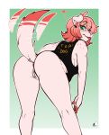  &lt;3 2018 anthro anus arnachy bottomless canine clothed clothing female freckles fur green_eyes hair looking_at_viewer looking_back mammal pink_fur presenting pussy raised_tail rear_view solo tailwag tongue tongue_out watermark 