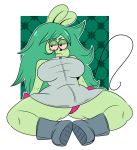  2017 anthro big_breasts boots breasts cartoon_network clothed clothing eyelashes fangs female fink_(ok_k.o.!_lbh) footwear frown fur gloves green_eyes green_fur green_hair hair hi_res lab_coat long_hair mammal mouse ok_k.o.!_let&#039;s_be_heroes panties pink_sclera rodent simple_background sitting sleeveless solo sonson-sensei spread_legs spreading thick_thighs underwear villainous voluptuous wide_hips 