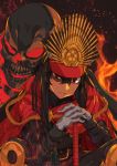  black_hair cape erere fate/grand_order fate_(series) fire gloves hands_on_hilt hat koha-ace long_hair military_hat oda_nobunaga_(fate) red_eyes sitting skeleton white_gloves 