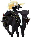  1girl armor bare_shoulders black black_clothes blonde_hair blue_eyes breasts female fingerless_gloves gloves grancrest_senki horse large_breasts long_hair long_skirt marrine_kreische serious simple_background skirt solo thighhighs umanosuke white_background white_legwear 