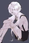  androgynous crystal_hair foot_out_of_frame gem_uniform_(houseki_no_kuni) ghost_quartz_(houseki_no_kuni) glowing glowing_hair grey_eyes hair_over_one_eye houseki_no_kuni looking_at_viewer necktie s06y02 short_hair short_hair_with_long_locks short_sleeves sidelocks simple_background sitting smile solo sparkle suspenders white_eyes white_hair 