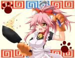  alternate_costume animal_ears apron bad_id bad_pixiv_id bell bell_collar blush breasts cat_hair_ornament cat_paws collar commentary_request cooking enmaided fang fangs fate/grand_order fate_(series) food fox_ears gloves graphite_(medium) hair_ornament hair_ribbon jingle_bell kotsuemaru large_breasts long_hair maid maid_apron maid_headdress mechanical_pencil one_eye_closed open_mouth paw_gloves paws pencil pink_hair ponytail red_ribbon ribbon solo tamamo_(fate)_(all) tamamo_cat_(fate) traditional_media wok 