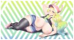  1girl ;) areolae baseball_cap blonde_hair blush breasts breasts_outside curvy denim denim_shorts depth_of_field dragon_girl dragon_horns full_body gradient_hair green_hair hat highres horns huge_breasts kobayashi-san_chi_no_maidragon long_hair looking_at_viewer lying multicolored_hair nipples on_side one_eye_closed placeholdname quetzalcoatl_(maidragon) shirt_lift shorts smile solo tank_top thick_thighs thighhighs two-tone_hair very_long_hair wide_hips 