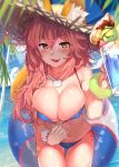  animal_ear_fluff animal_ears beach beer_mug bikini bikini_tug blue_bikini blue_hawaii blue_sky bracelet breasts cleavage cloud commentary_request covered_nipples cup day drink ears_through_headwear fate/extra fate/grand_order fate_(series) food fox_ears fox_tail hat highres holding holding_cup ice_cream ice_cream_float jewelry kawai large_breasts leaning_forward licking_lips long_hair navel necklace ocean outdoors pink_hair side-tie_bikini sky smile solo straw_hat sun_hat swimsuit tail tamamo_(fate)_(all) tamamo_no_mae_(fate) tamamo_no_mae_(swimsuit_lancer)_(fate) tongue tongue_out tropical_drink water yellow_eyes 