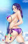  ass ball beachball bikini blush breasts commentary_request easonx fate/grand_order fate_(series) highres large_breasts looking_at_viewer minamoto_no_raikou_(fate/grand_order) minamoto_no_raikou_(swimsuit_lancer)_(fate) nipples purple_hair solo swimsuit undressing untied untied_bikini wading water 