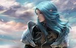  armor artist_name blue_eyes blue_hair chuby_mi closed_mouth cloud day elezen elf final_fantasy final_fantasy_xiv highres lips long_hair looking_to_the_side pauldrons pointy_ears solo warrior_(final_fantasy) wind 