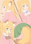  2018 annoyed anthro blonde_hair blue_eyes canine clothing embarrassed female fox grey_background hair human_to_anthro looking_at_viewer mammal open_mouth pigtails ribbons roina sequence shirt simple_background skirt solo standing transformation 