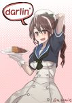  ashigara_(kantai_collection) beret brown_eyes brown_hair commentary cosplay curry curry_rice english fang food hat heart heart-shaped_pupils jervis_(kantai_collection) jervis_(kantai_collection)_(cosplay) kantai_collection long_hair misumi_(niku-kyu) open_mouth ponytail rice smile symbol-shaped_pupils teeth 