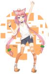  ahoge animal_ear_fluff animal_ears armpits arms_up bike_shorts blue_eyes boots cat_ears choker dahadekan full_body hair_bobbles hair_ornament highres hinata_channel long_hair low_twintails mismatched_legwear nekomiya_hinata orange_legwear pink_hair shorts smile solo striped striped_legwear thighhighs twintails vest virtual_youtuber watch white_vest wristwatch 