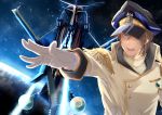  beam beam_cannon double-breasted earth epaulettes from_above gloves hat matsuda_(nekonyaoupchan) military military_hat military_uniform one_eye_covered space space_craft super_robot_wars super_robot_wars_original_generation tetsuya_onodera uniform white_gloves 