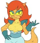  2018 anthro biped breasts camel_toe cartoon_network claws clothed clothing cosma digital_media_(artwork) dzk_(artist) exposed exposed_breasts eyelashes eyeshadow featureless_breasts female gloves hair half-closed_eyes half-length_portrait hand_on_hip lizard looking_at_viewer makeup mostly_clothed ok_k.o.!_let&#039;s_be_heroes orange_scales partially_clothed portrait pose red_hair reptile scales scalie shoulder_pads signature simple_background slit_pupils smile solo standing thick_thighs topless two_tone_body white_background wide_hips yellow_sclera 