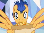  badumsquish blue_eyes blue_hair chubby_cheeks crystal_empire eating equine feeding first_person_view flash_sentry_(mlp) food friendship_is_magic hair happy human male mammal my_little_pony offscreen_character pegasus pizza solo spread_wings wings 