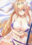  antiqq bangs bare_shoulders bikini blonde_hair blue_eyes blue_ribbon blush breasts cleavage collarbone commentary_request diadem dress eyebrows_visible_through_hair flag flower gown granblue_fantasy hair_between_eyes hair_flower hair_ornament jeanne_d'arc_(granblue_fantasy) large_breasts long_hair looking_at_viewer navel one_eye_closed ribbon see-through smile solo swimsuit wet 