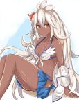  ahoge akasabi bangs bare_shoulders bikini blue_skirt breasts cleavage collarbone commentary_request dark_skin flower front-tie_bikini front-tie_top granblue_fantasy hair_between_eyes hair_flower hair_ornament hibiscus highres knees_up long_hair looking_at_viewer medium_breasts navel off_shoulder open_clothes open_shirt red_eyes shirt sitting skirt smile solo swimsuit thighs white_bikini white_hair white_shirt zooey_(granblue_fantasy) 