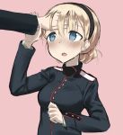  blonde_hair blue_eyes blush braid braided_bun fankupl hand_on_forehead military military_uniform noble_witches open_mouth rosalie_de_hemricourt_de_grunne simple_background solo strike_witches uniform wavy_mouth world_witches_series 