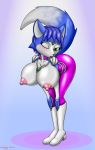  2018 big_breasts blue_fur blue_hair bodysuit breasts canine chameloshi clothing exposed_breasts female fox fur gradient_background green_eyes hair hand_on_leg jewelry krystal looking_at_viewer mammal nintendo nipples one_eye_closed pinup pose signature simple_background skinsuit solo star_fox tight_clothing video_games white_fur 