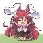  :d animal_ears bangs bare_arms bare_shoulders black_skirt blush_stickers breasts bunny_ears chibi cleavage closed_eyes commentary_request cuffs earrings eyebrows_visible_through_hair facing_viewer full_body hair_between_eyes handcuffs highres holding jewelry long_hair open_mouth original pink_shirt red_footwear red_hair ryogo shirt skirt sleeveless sleeveless_shirt small_breasts smile solo sparkle standing usami_tsuitachi very_long_hair vest white_vest 
