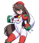  1girl :d alternate_color alternate_costume android bell beret bikini blush bodysuit breasts brown_hair christmas covered_navel erect_nipples female gloves green_eyes hair_between_eyes hat hips holding holding_sack iris_(rockman_x) long_hair medium_breasts micro_bikini military_hat navel open_mouth red_bikini red_hat red_legwear rockman rockman_x sack simple_background skin_tight smile solo spandex string_bikini sweatdrop swimsuit thighhighs ukimukai very_long_hair white_background white_gloves 