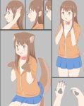  2018 animal_humanoid brown_hair canine clothing collar comic dog female grey_background hair human humanoid kneeling mammal open_mouth roina shirt simple_background skirt solo standing surprise transformation 