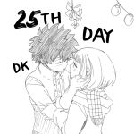  1boy 1girl boku_no_hero_academia coat commentary couple dailykrumbs english_commentary eyes_closed freckles hand_on_another&#039;s_face highres imminent_kiss looking_at_another midoriya_izuku mistletoe monochrome official_style scarf short_hair signature upper_body uraraka_ochako winter_clothes winter_coat 