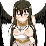  angel_wings angry arm_support between_breasts black_hair black_wings blush breasts deep_skin detached_sleeves embarrassed large_breasts long_hair mabinogi morrighan negetsu nipples sweat very_long_hair white_eyes wings 