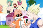  2boys angry bald beard belt breasts bulma bulma_briefs clenched_teeth cloud comedy dragon_ball dragon_ball_z dragonball dragonball_z dress dress_lift dress_pull eye_pop facial_hair flashing funny hair_bobbles hair_ornament highres kame_house large_breasts long_hair master_roshi multiple_boys muten_roshi muten_roushi nightgown_lift nipples no_bra no_panties nude old_man outdoors scared side_ponytail sky sunglasses teeth thought_bubble tree vegeta 