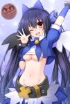  attouteki_yuugi_mugen_souls black_hair breasts cosplay doria_(5073726) hair_ornament looking_at_viewer medium_breasts navel neptune_(series) noire one_eye_closed red_eyes ribbon solo twintails underboob 