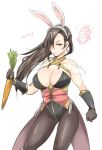  alternate_costume animal_ears black_hair breasts bunny_ears carrot cleavage coattails fake_animal_ears fire_emblem fire_emblem_heroes fire_emblem_if gloves hair_over_one_eye kagerou_(fire_emblem_if) large_breasts leotard long_hair orochi_(fire_emblem_if) pantyhose shougayaki_(kabayaki_3) simple_background solo white_background 
