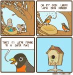  avian bird birdhouse chair comic dialogue egg english_text female goodbearcomics humor male mammal mask nest radio robbery robin_(bird) rodent squirrel television text tree 