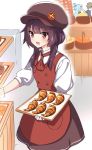  :d alternate_costume apron aqua_(konosuba) bakery black_hair blush bread cabbie_hat contemporary croissant food hat kono_subarashii_sekai_ni_shukufuku_wo! megumin misu_kasumi open_mouth red_eyes satou_kazuma shop smile 