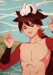  bare_chest black_hair bunny chest collarbone day detached_sleeves eyebrows_visible_through_hair highres japanese_clothes k_(sktchblg) katanagatari long_hair long_sleeves looking_at_another male_focus nagatekkou no_nipples no_shirt open_mouth ponytail shirtless skin_tight sky smile solo upper_body very_long_hair water yasuri_shichika 