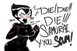  1girl ashi_(samurai_jack) black_hair blush bodysuit breasts clenched_hand covered_navel embarrassed english female hands_up highres large_breasts monochrome onatart open_mouth samurai_jack short_hair simple_background solo spot_color talking tears teeth text white_background 