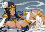  aqua_eyes bandaged_arm bandaged_hands bandages black_hair breasts cleavage commentary_request facial_mark fate/grand_order fate_(series) hand_on_own_head hat huge_breasts jewelry lips long_hair lying on_side pelvic_curtain ring scheherazade_(fate/grand_order) smile smoke solo very_long_hair yukiyanagi 