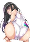  ass back bad_anatomy bare_shoulders barefoot black_hair blue_eyes blush breasts commentary_request from_behind large_breasts lips long_hair looking_at_viewer looking_back one-piece_swimsuit original shiny shiny_clothes shiny_hair simple_background soles squatting swimsuit tiptoes usyuuri white_background 