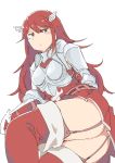  -_- 1girl armor ass belts boot close-up embarrassed fire_emblem fire_emblem:_kakusei from_behind garter_straps highres leaning_forward long_hair nintendo no_panties pov_ass red_eyes red_hair red_legwear sekaihebi sexy shy thighhighs thighs tiamo very_long_hair white_background wing_hair_ornament 