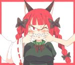  anger_vein animal_ears black_bow border bow braid breasts cat_ears character_request cheek_pinching commentary hair_bow hakurei_reimu inkerton-kun kaenbyou_rin large_breasts long_hair multiple_girls one_eye_closed out_of_frame pinching pointy_ears red_border red_eyes red_hair sharp_teeth solo_focus subterranean_animism teeth touhou twin_braids 
