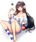  azur_lane bangs banned_artist bare_legs bare_shoulders black_hair blue_eyes blue_legwear blush breasts cleavage closed_mouth clothes_writing coca-cola collarbone commentary eyebrows_visible_through_hair food food_in_mouth full_body headphones highres holding holding_food jitome long_hair long_island_(azur_lane) looking_at_viewer medium_breasts mouth_hold off-shoulder_shirt pillow senbei shirt simple_background single_sock socks soda_bottle solo spoken_squiggle squiggle striped striped_legwear thighs toes tsukiriran white_background 