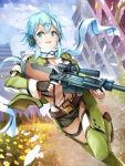  anti-materiel_rifle aqua_eyes aqua_hair black_shorts breasts cleavage commentary_request day dutch_angle eyebrows_visible_through_hair fingerless_gloves flower gloves grass green_jacket gun hair_between_eyes hair_ornament hairclip highres holding holding_gun holding_weapon jacket long_sleeves medium_breasts nisimy open_mouth outdoors pgm_hecate_ii rifle ruins running scarf shiny shiny_hair short_hair short_hair_with_long_locks short_shorts shorts sinon sniper_rifle solo sword_art_online teeth trigger_discipline weapon 