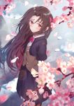  absurdres black_skirt blush bow brown_hair cherry_blossoms chromatic_aberration crying hair_bow highres long_hair looking_at_viewer older outdoors puddle red_eyes ryuuou_no_oshigoto! school_uniform silkysak skirt standing tears vest wavy_mouth yashajin_ai 