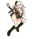  blue_eyes blush boots breasts cleavage full_body girls_frontline gun hair_ribbon hat high_heel_boots high_heels long_hair looking_at_viewer looking_away medium_breasts military military_uniform official_art ots-39 ots-39_(girls_frontline) panties ribbon shirt silver_hair skirt spirtie submachine_gun thigh_strap thighhighs torn_clothes torn_legwear torn_shirt torn_skirt transparent_background underwear uniform weapon 