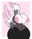  2018 absurd_res anna_(luke154) anthro areola avian beak big_breasts bird blue_eyes breasts button_pop cleavage clothed clothing cockatoo feathers female half-closed_eyes hand_on_hip hi_res huge_breasts komponi nipple_slip nipples one_breast_out open_mouth parrot shirt solo standing sweat thick_thighs voluptuous wardrobe_malfunction wide_hips 