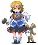  :&lt; absurdres arm_warmers blonde_hair commentary_request doll green_eyes hammer highres looking_at_viewer mizuhashi_parsee pointy_ears scarf shinapuu short_hair short_sleeves simple_background skirt solo tears touhou waraningyou white_background 