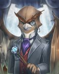  ambiguous_gender anthro avian beak bird classy clothing feathered_wings feathers great_horned_owl inzoreno owl simple_background solo suit wings yellow_eyes zeitzbach 